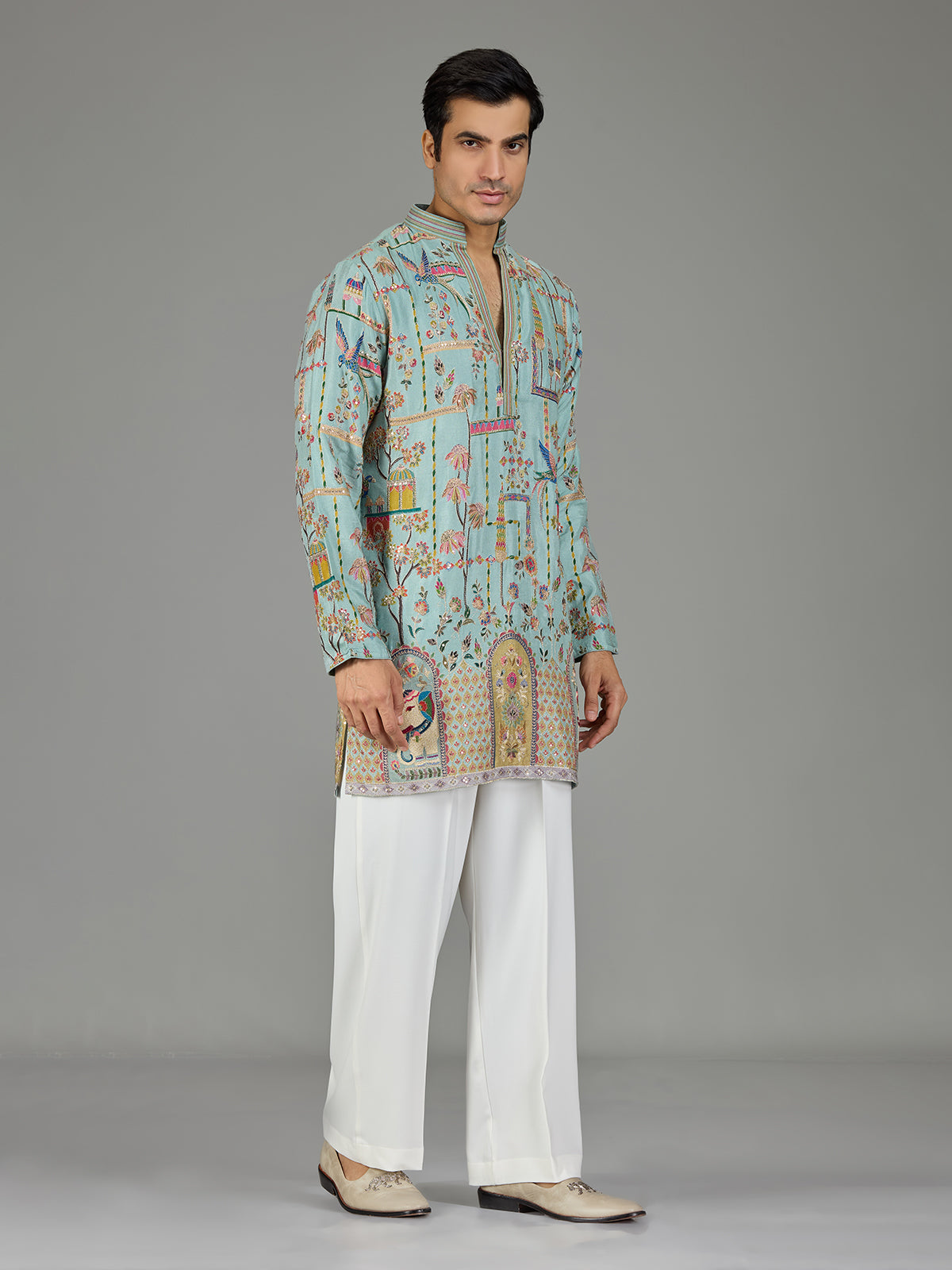 Blue heritage architecture print men kurta suit