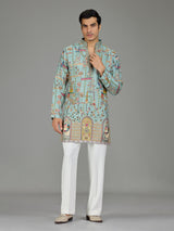 Blue heritage architecture print men kurta suit