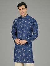 Deep indigo floral threadwork men kurta suit