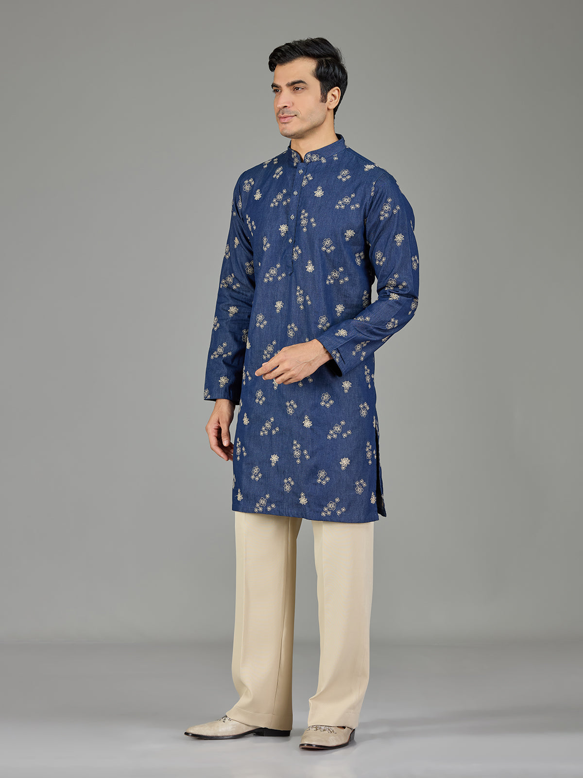 Deep indigo floral threadwork men kurta suit
