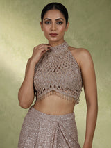 Beige luxury crystal fringe designer women ready to wear saree