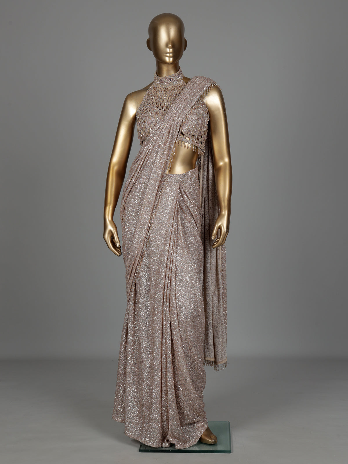 Beige luxury crystal fringe designer women ready to wear saree