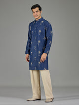 Blue botanical rosette threadwork men kurta suit