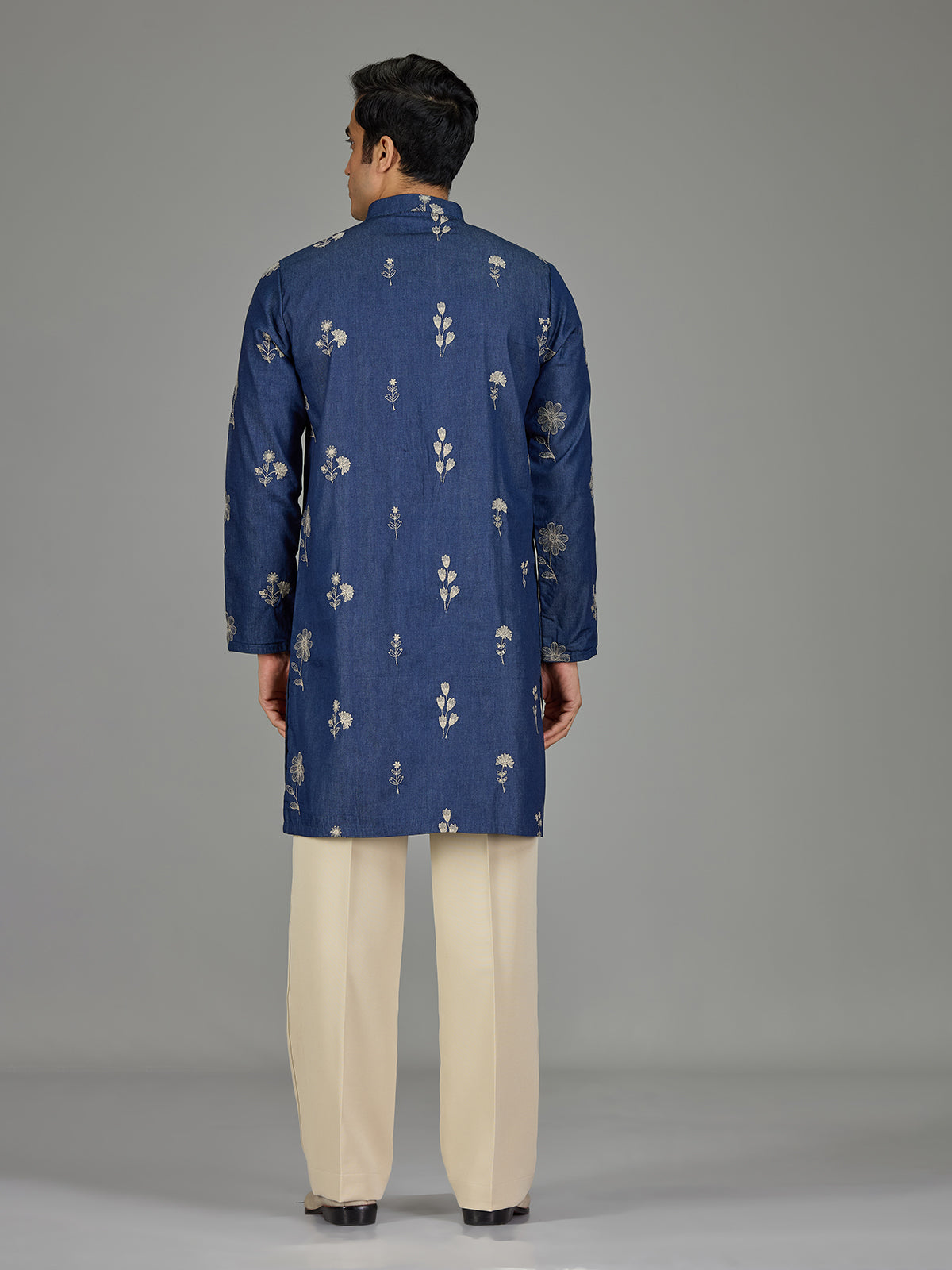 Blue botanical rosette threadwork men kurta suit