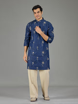 Blue botanical rosette threadwork men kurta suit