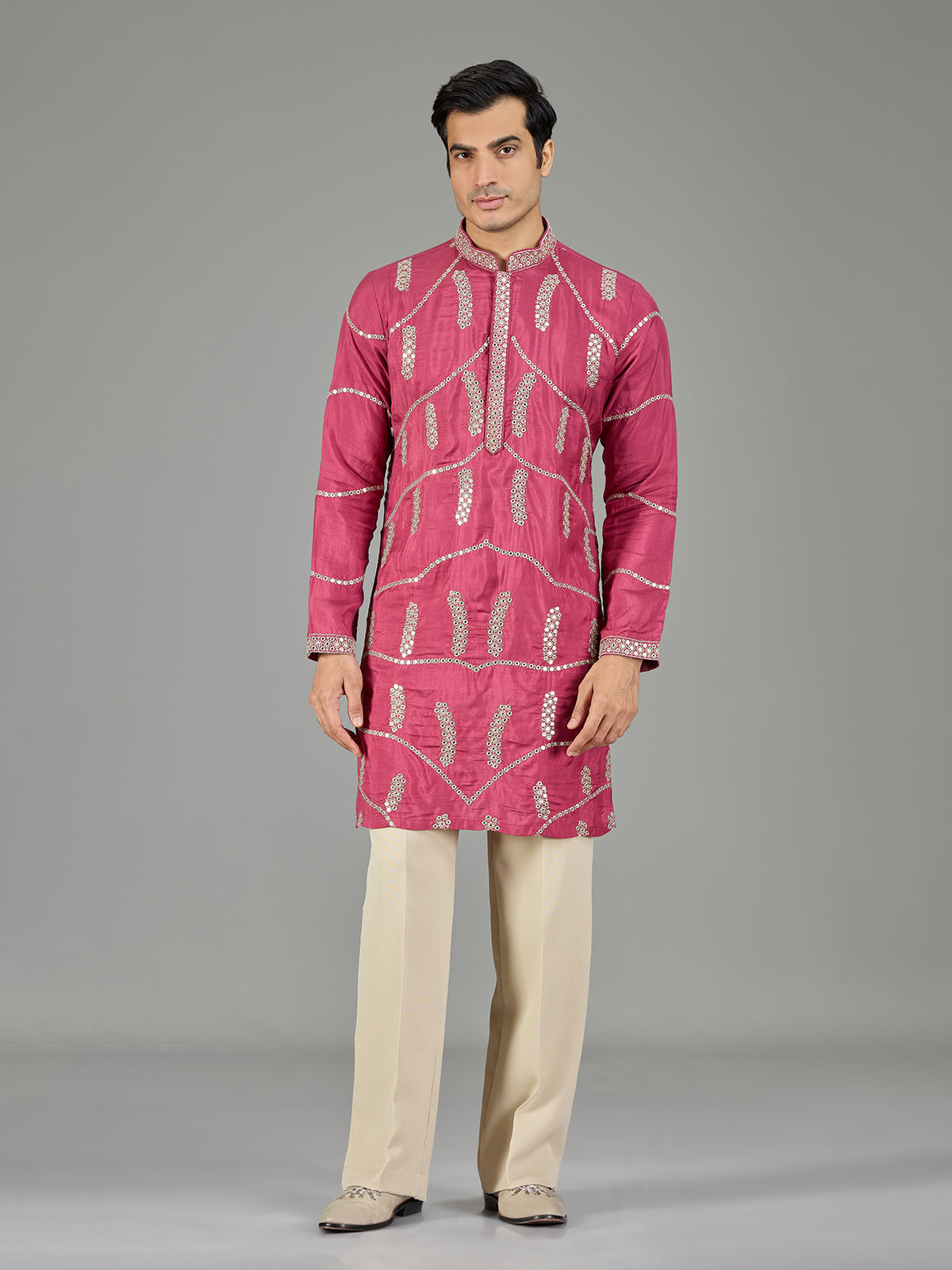 Pink gotta patti zigzag men kurta suit