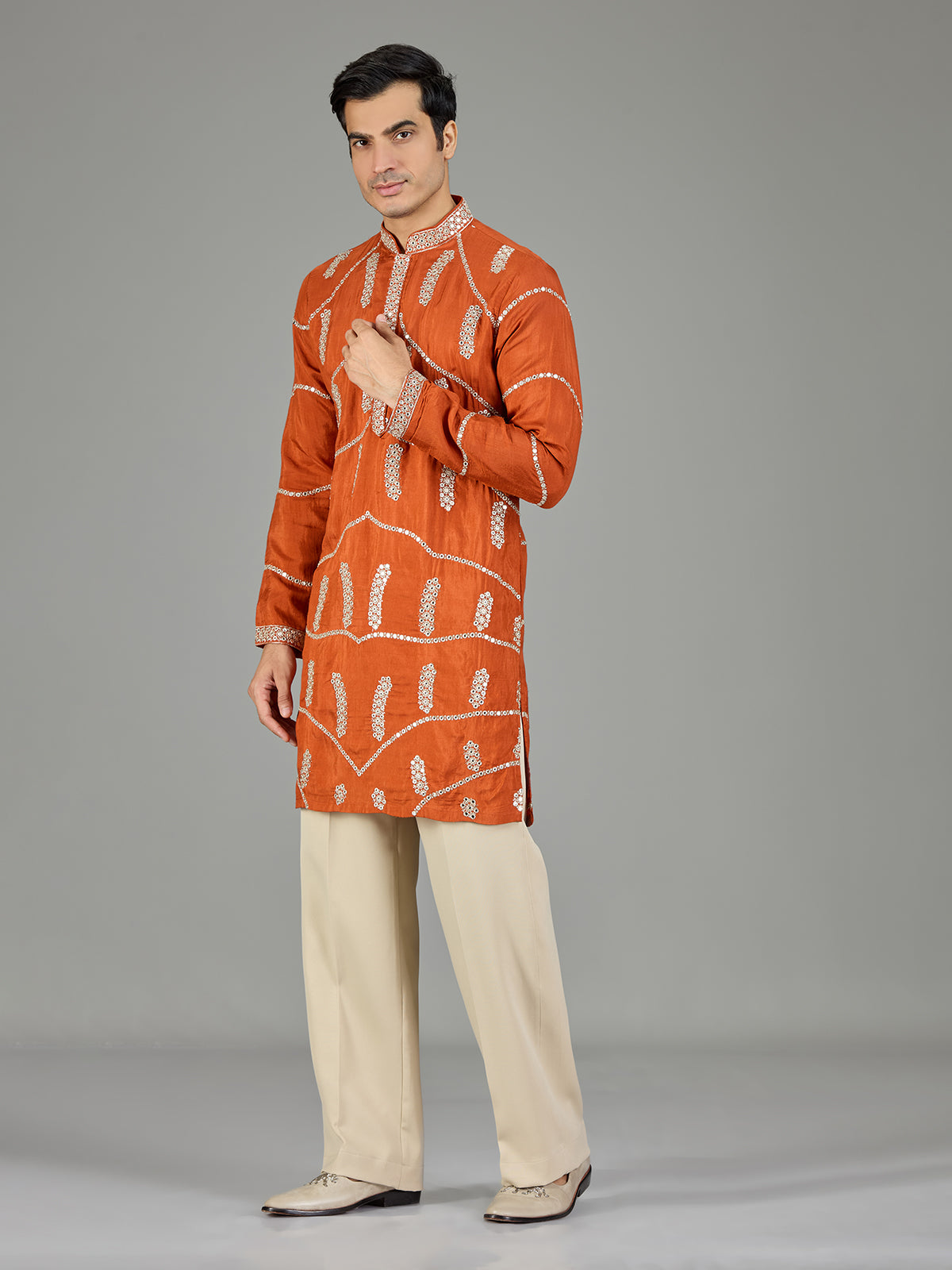 Orange gotta patti silk men kurta suit