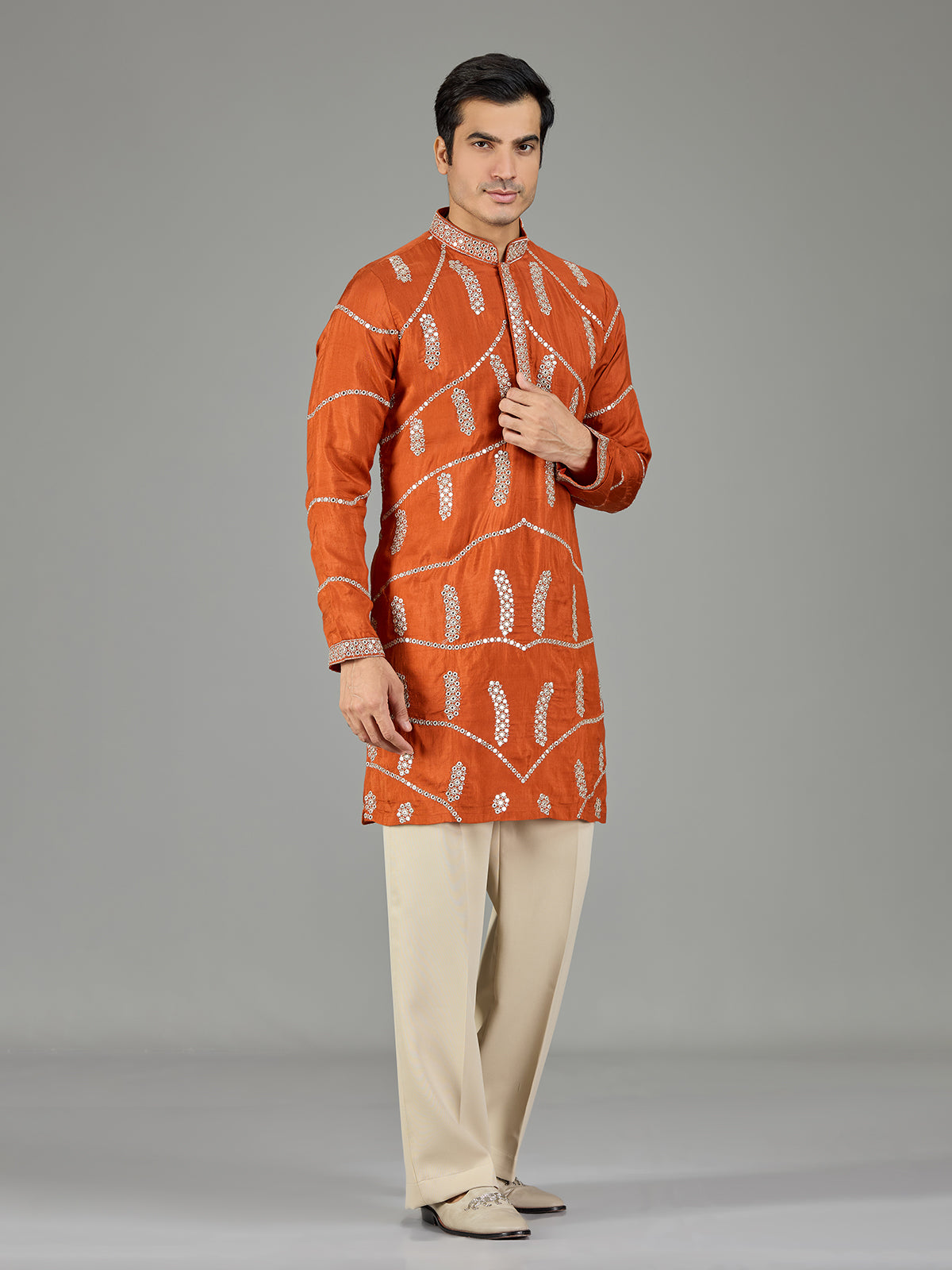 Orange gotta patti silk men kurta suit