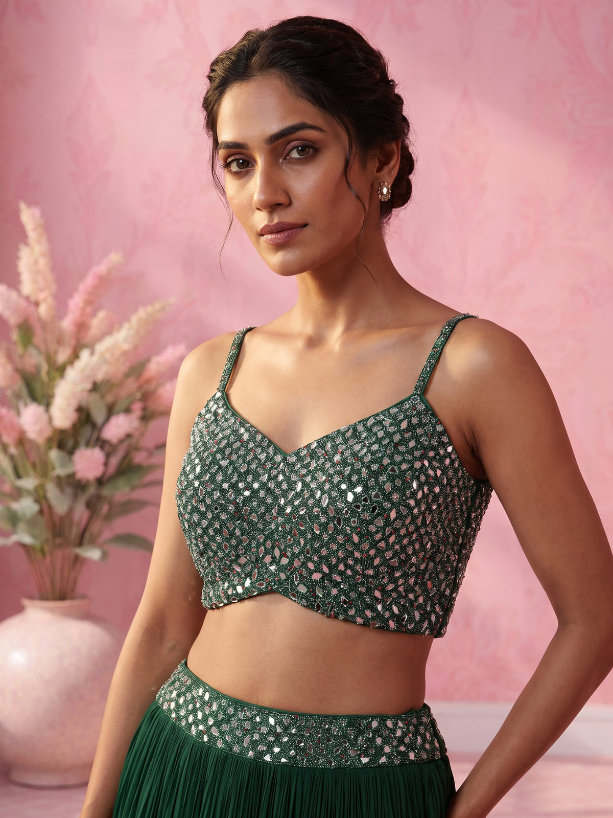 Bottle green floral drape designer women lehenga choli