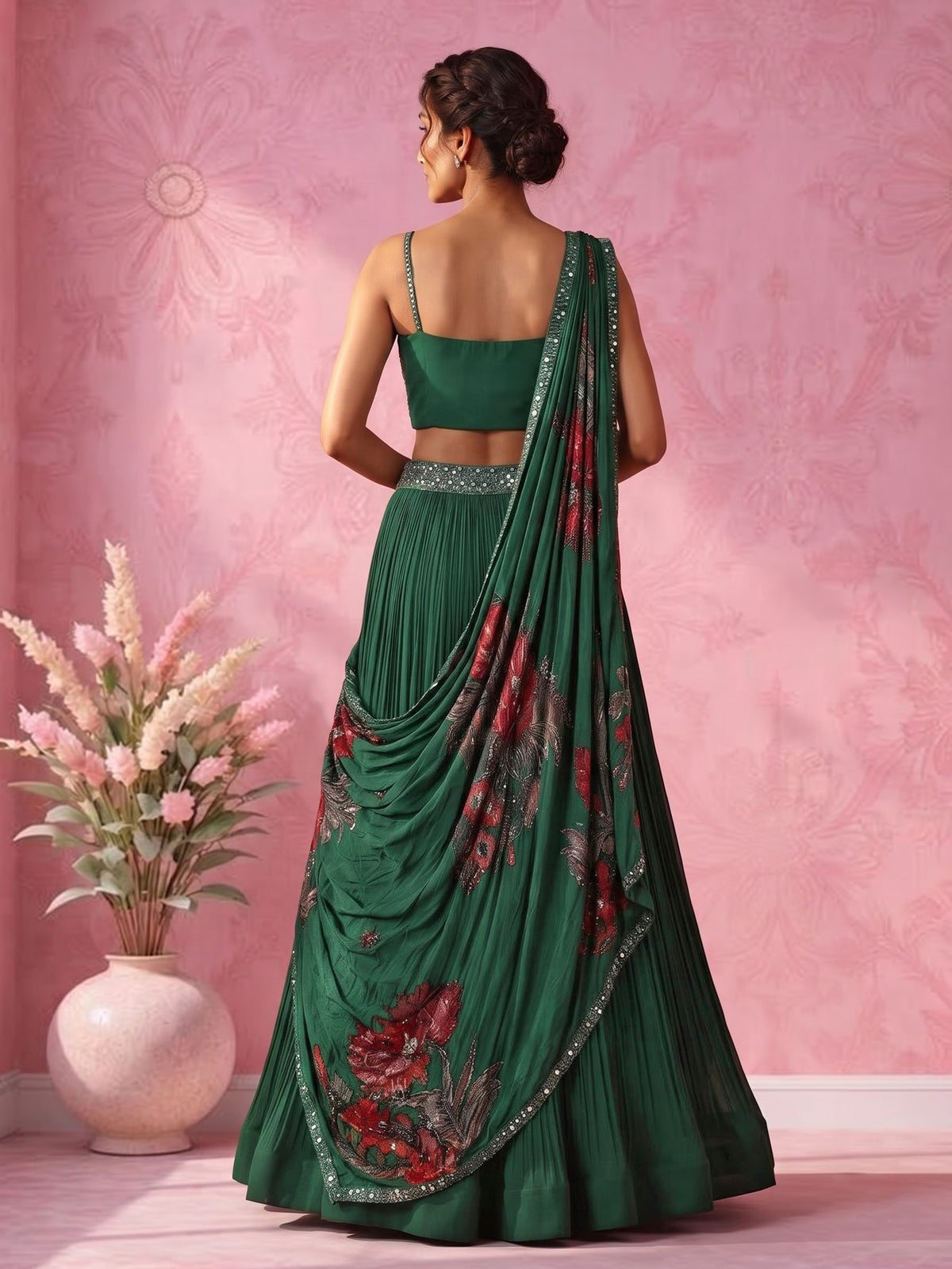 Bottle green floral drape designer women lehenga choli