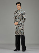 Grey velvet sequin threadwork men kurta suit