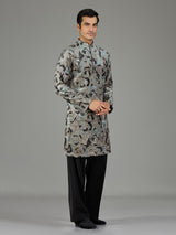 Grey velvet sequin threadwork men kurta suit