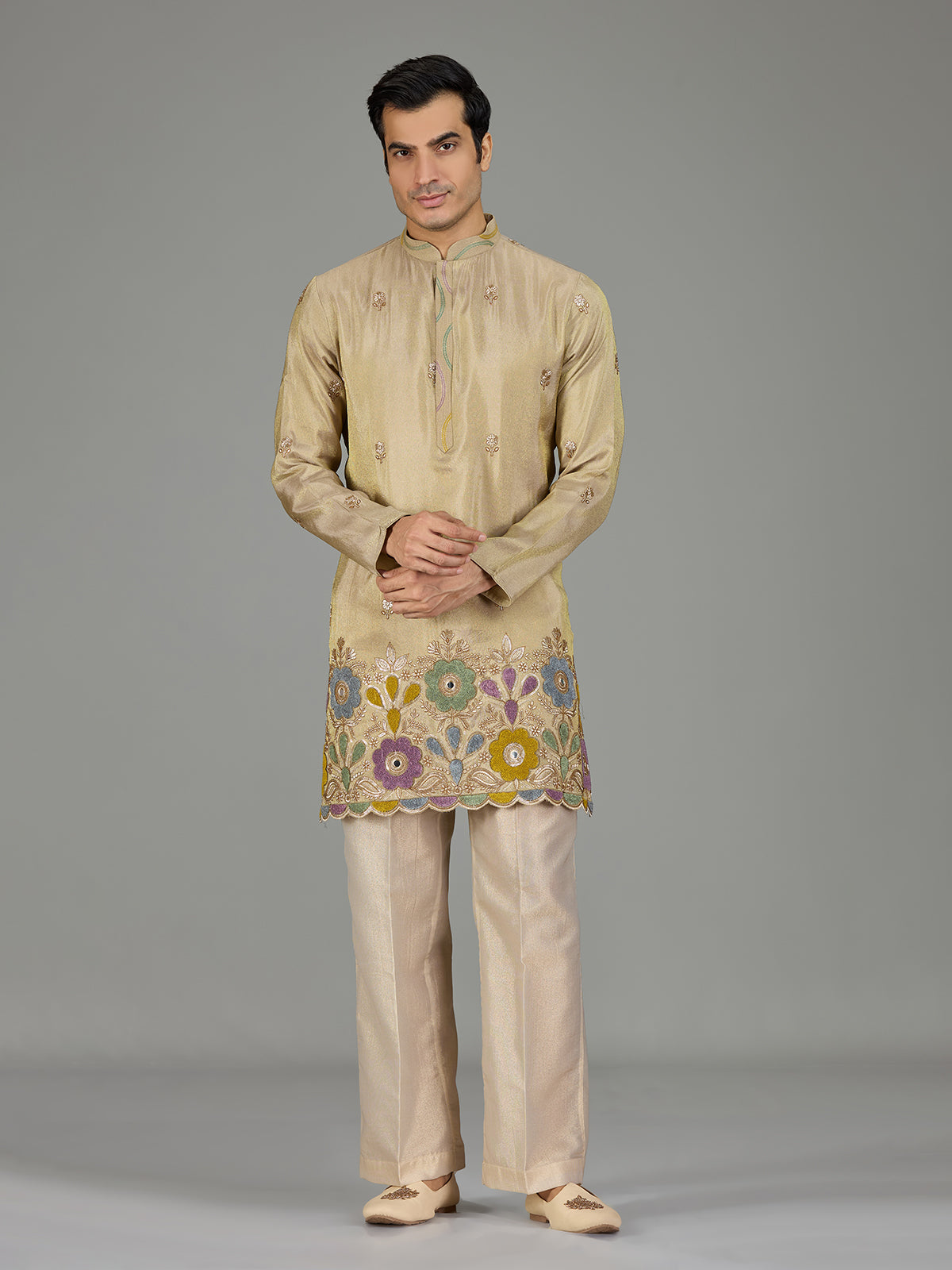 Pastel beige mirror floral men kurta suit
