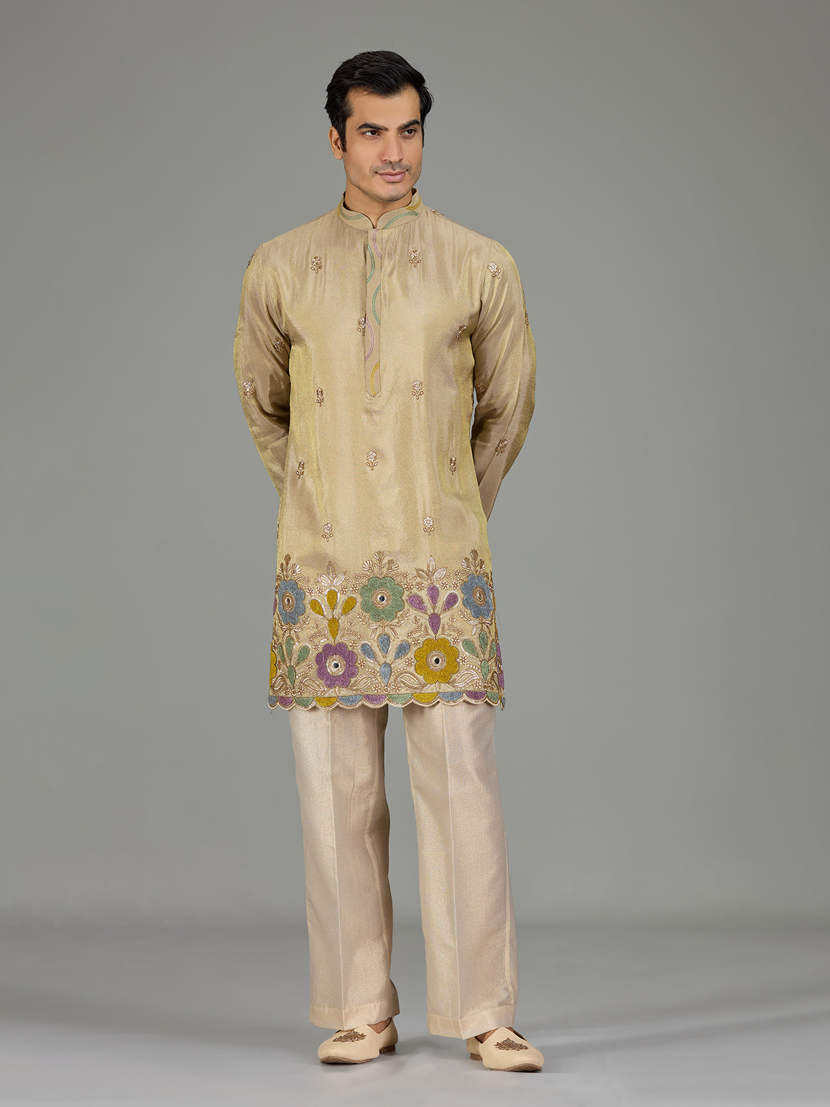 Pastel beige mirror floral men kurta suit