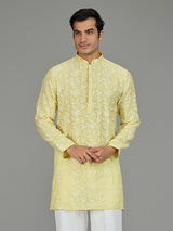 Yellow white thread botanical men kurta suit