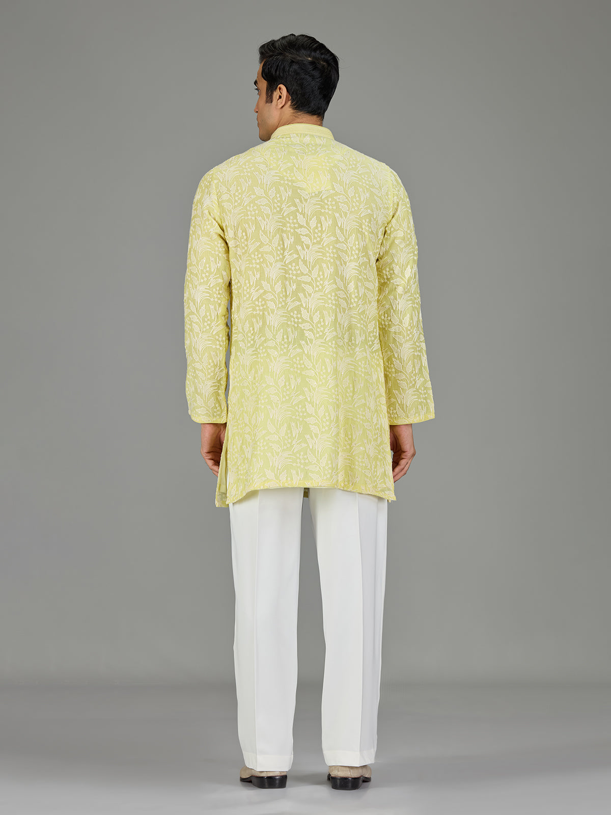Yellow white thread botanical men kurta suit