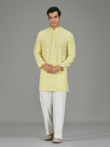 Yellow white thread botanical men kurta suit