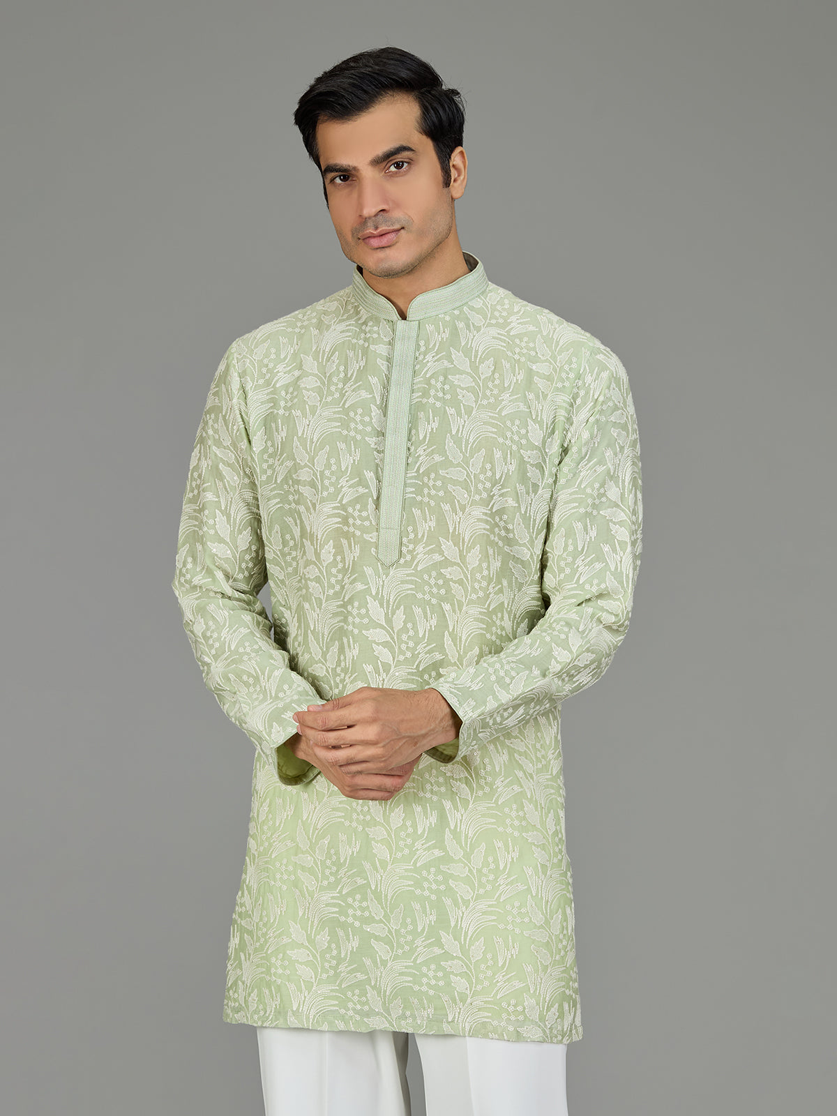 Green white botanical cotton silk blend men kurta suit