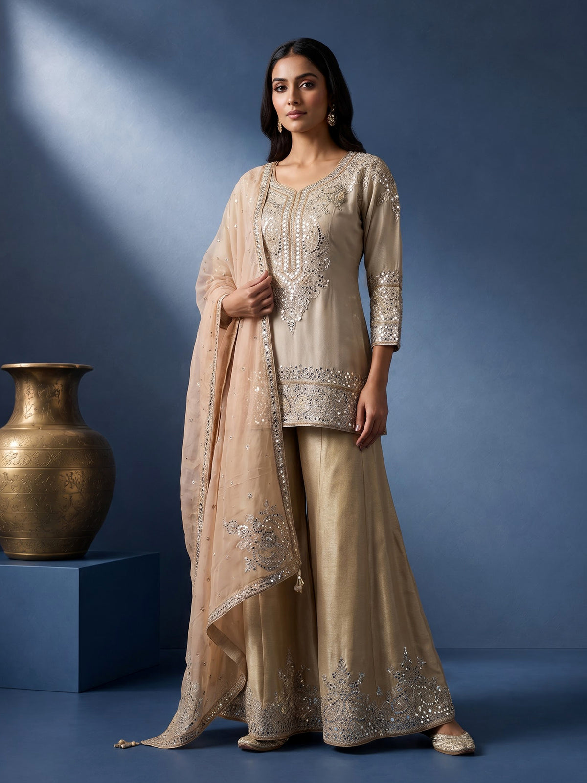 Cream ornamental bib luxury women palazzo suit