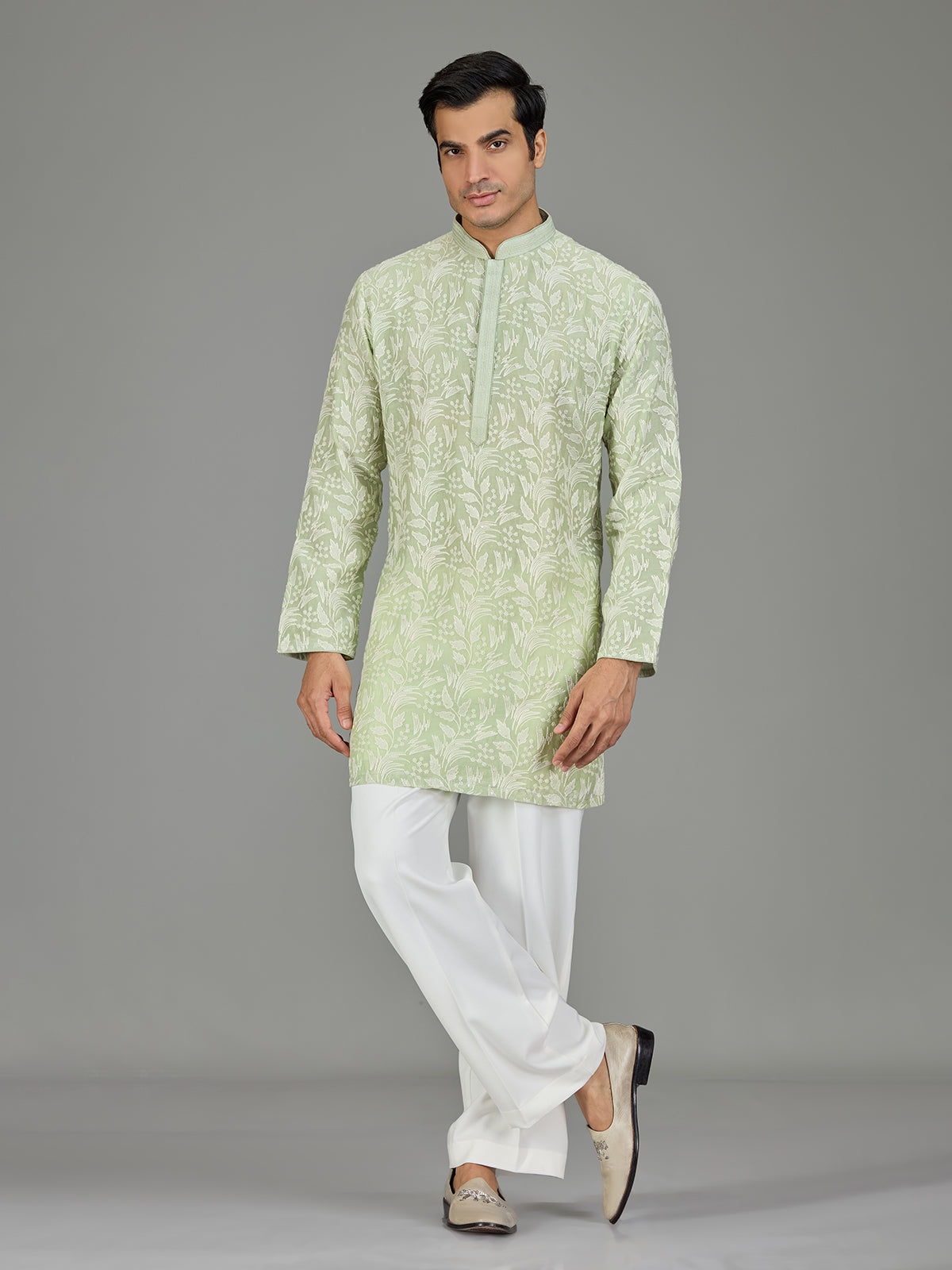 Green white botanical cotton silk blend men kurta suit