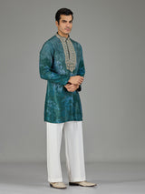 Forest green silk crepe blend royal print men kurta suit
