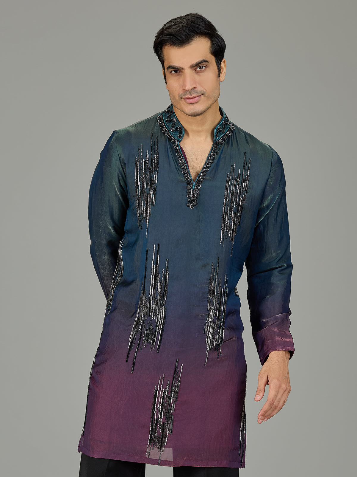 Teal purple shaded cutdana men kurta suit