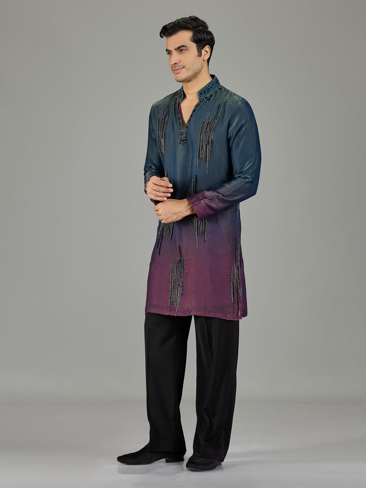 Teal purple shaded cutdana men kurta suit