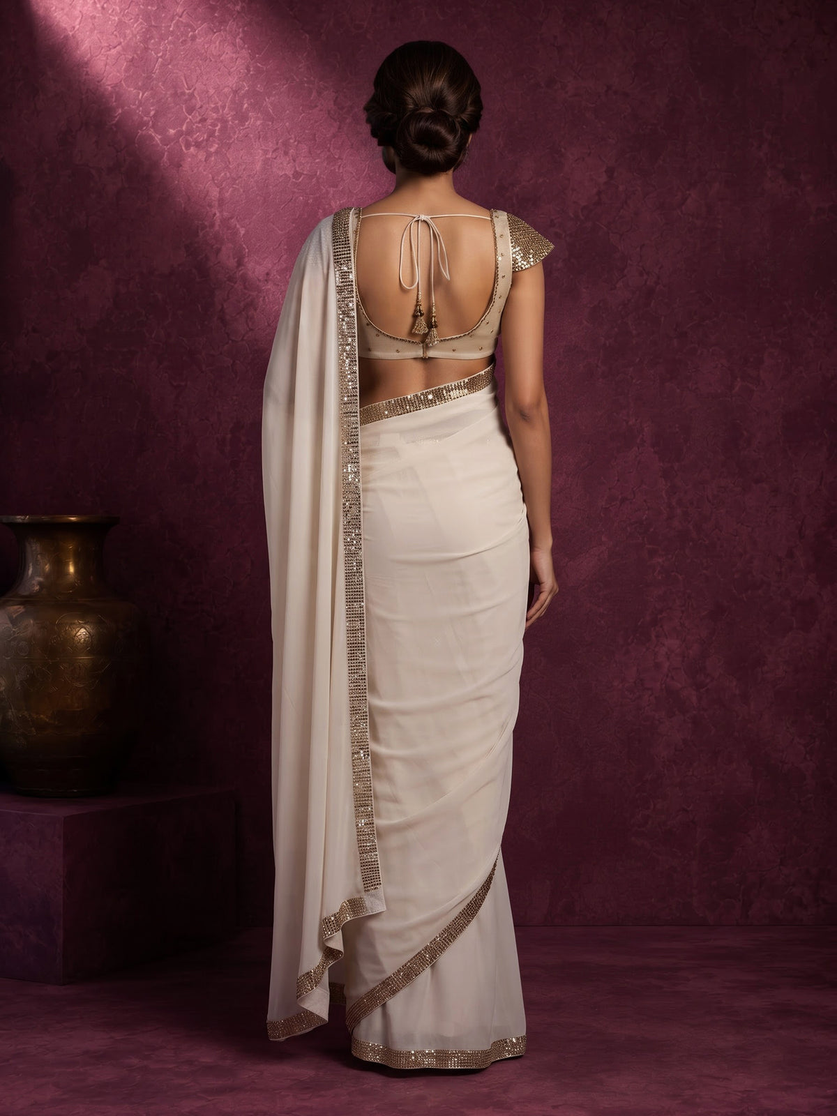 Off white grecian drape designer women ready to wear saree