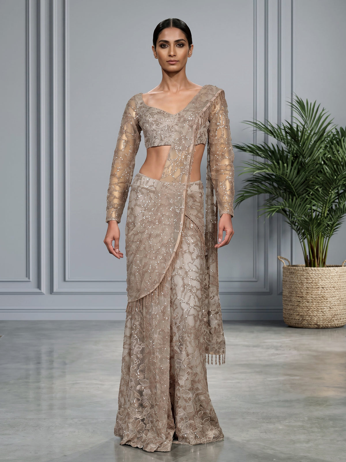 Gold floral embellished designer women ready to wear saree