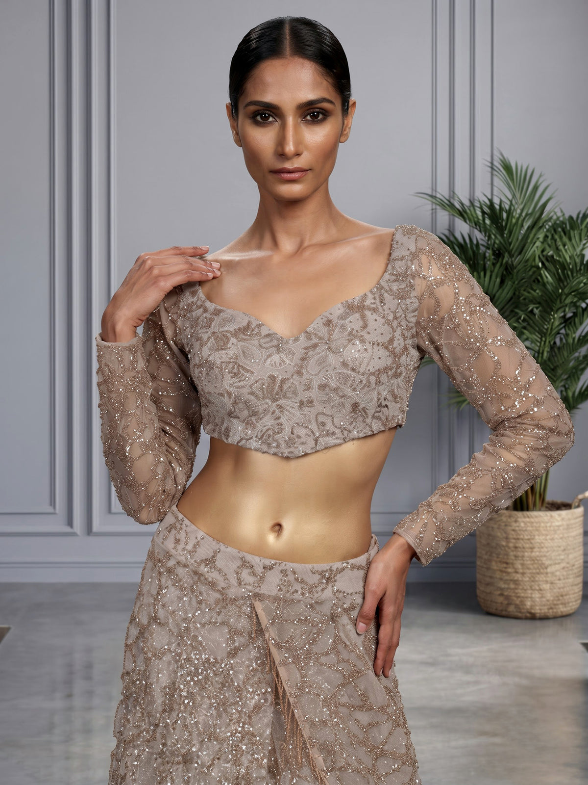 Gold floral embellished designer women ready to wear saree