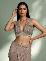 Beige sequin shimmer designer women ready to wear saree