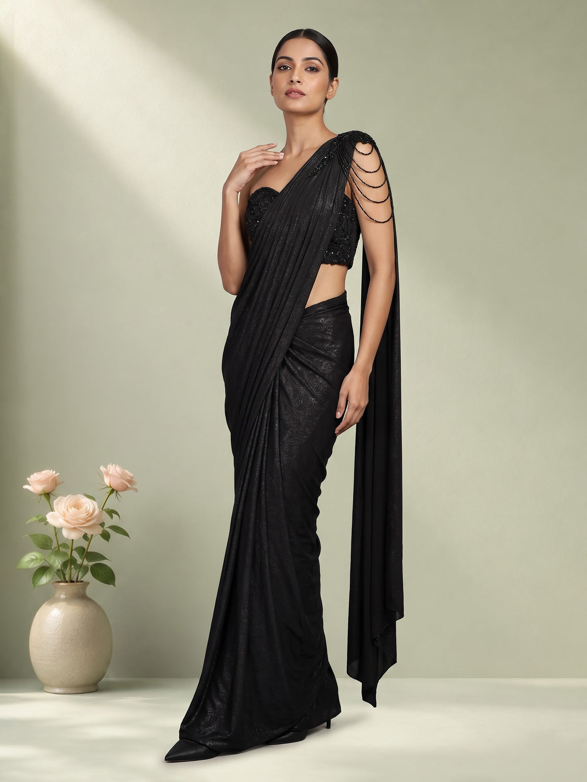 Black crystal drape designer women ready to wear saree