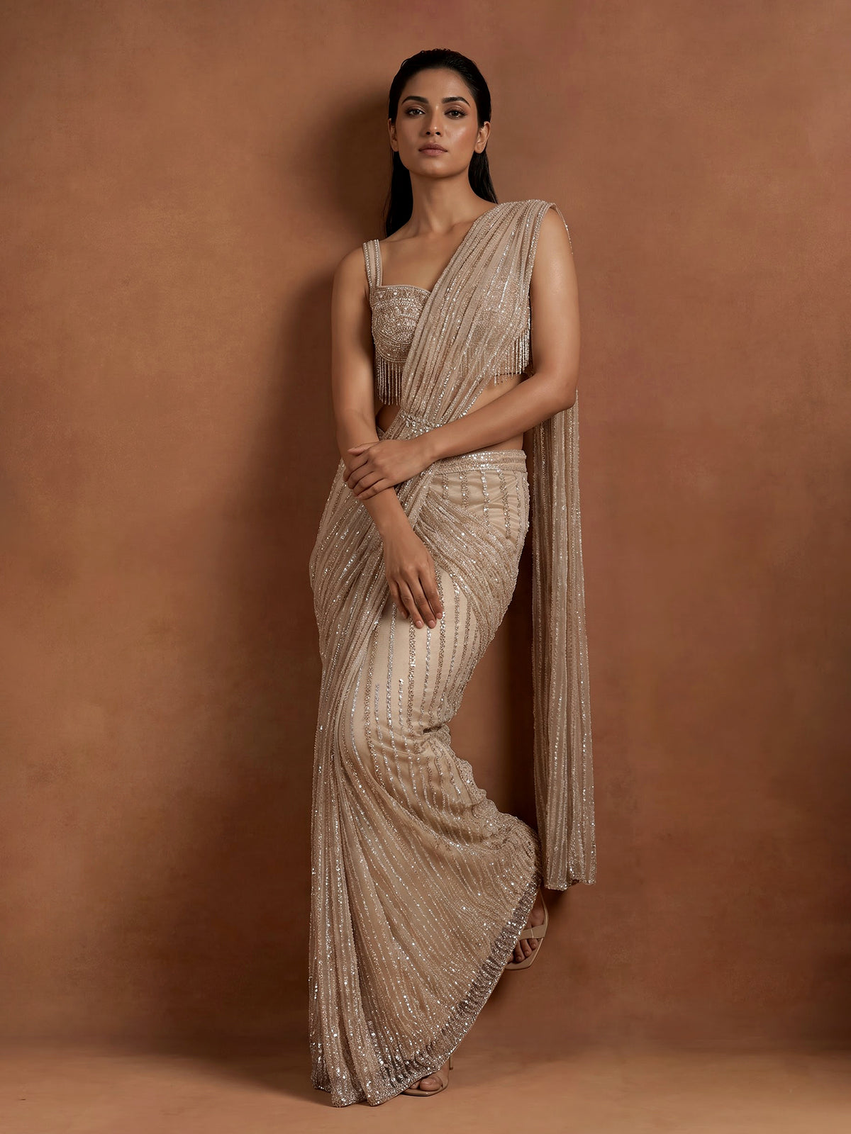 Beige pinstripe drape designer women ready to wear saree