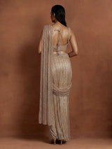 Beige pinstripe drape designer women ready to wear saree