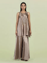Beige satin silk embroidered women palazzo suit