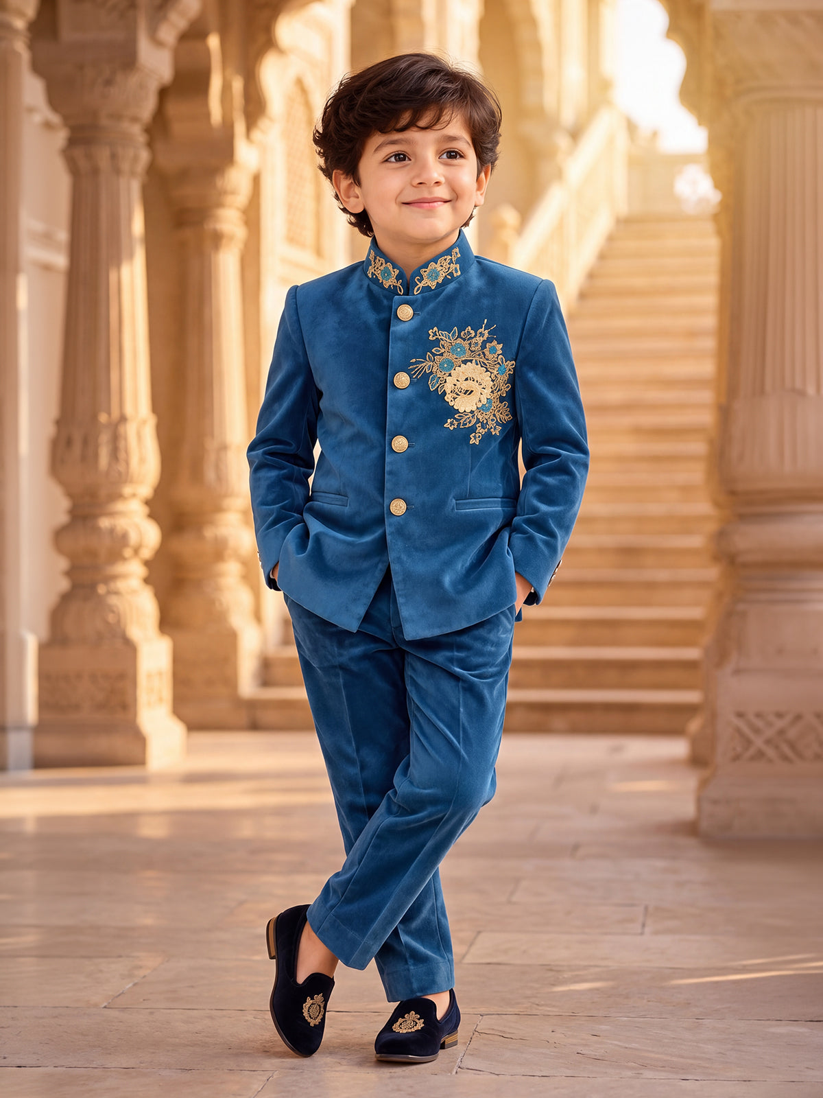 Teal blue antique botanical boys jodhpuri suit