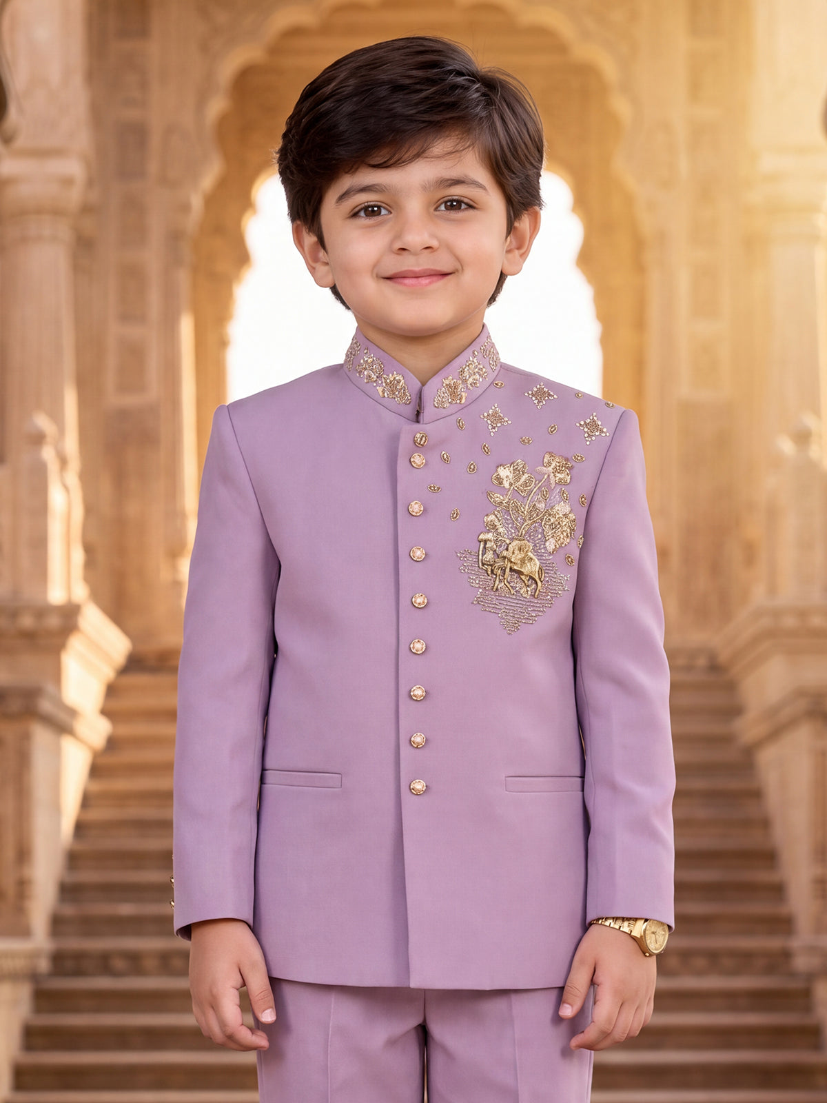 Lilac purple stone embellished boys jodhpuri suit