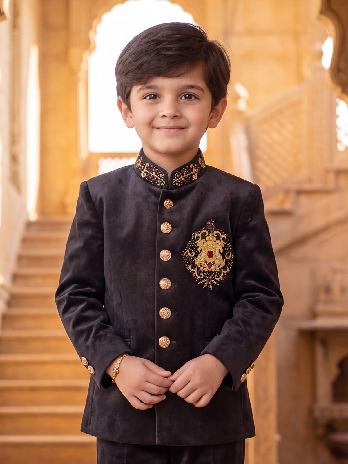 Black imperial crest boys jodhpuri suit