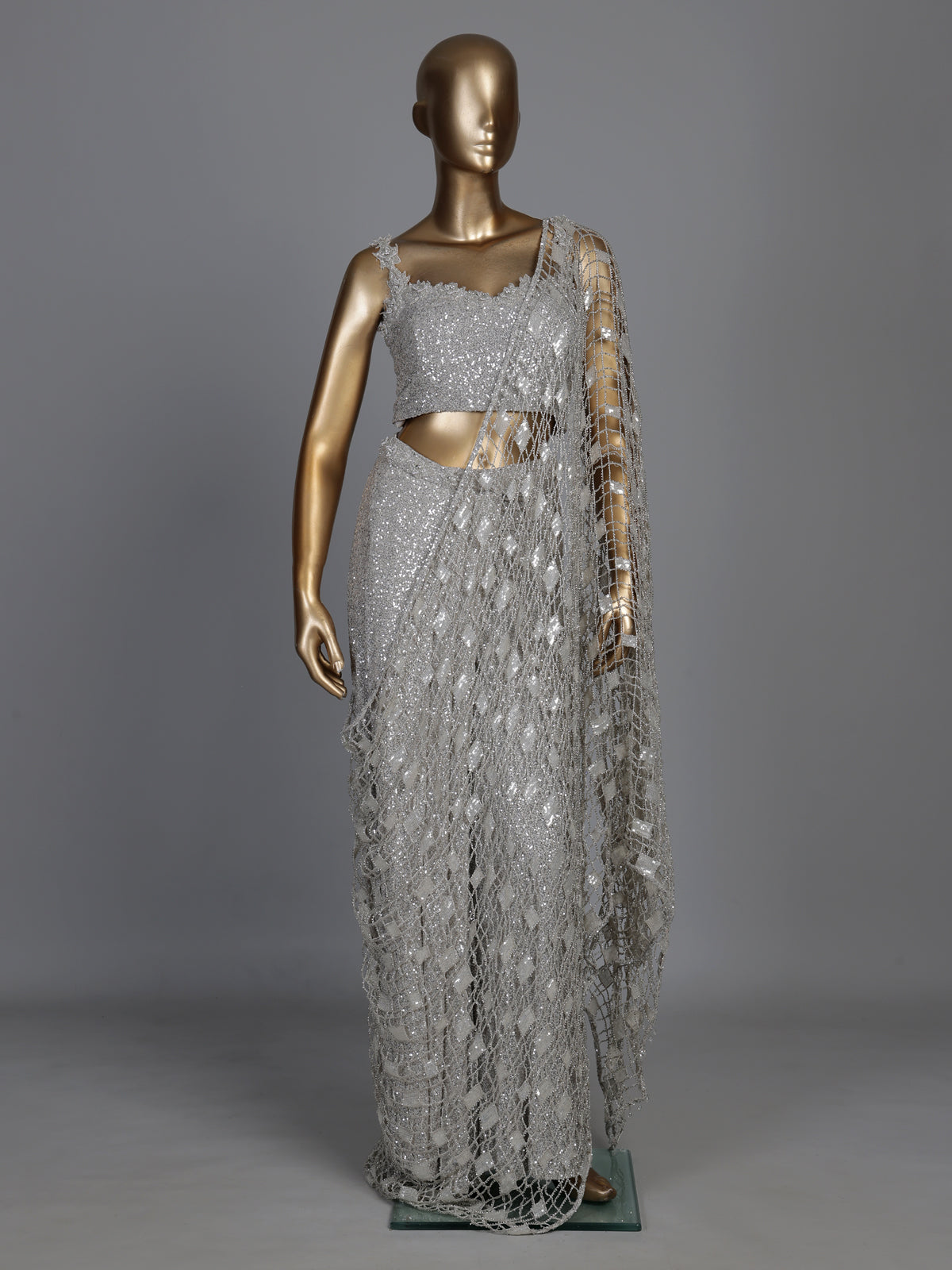 Silver scalloped strap designer women ready to wear saree