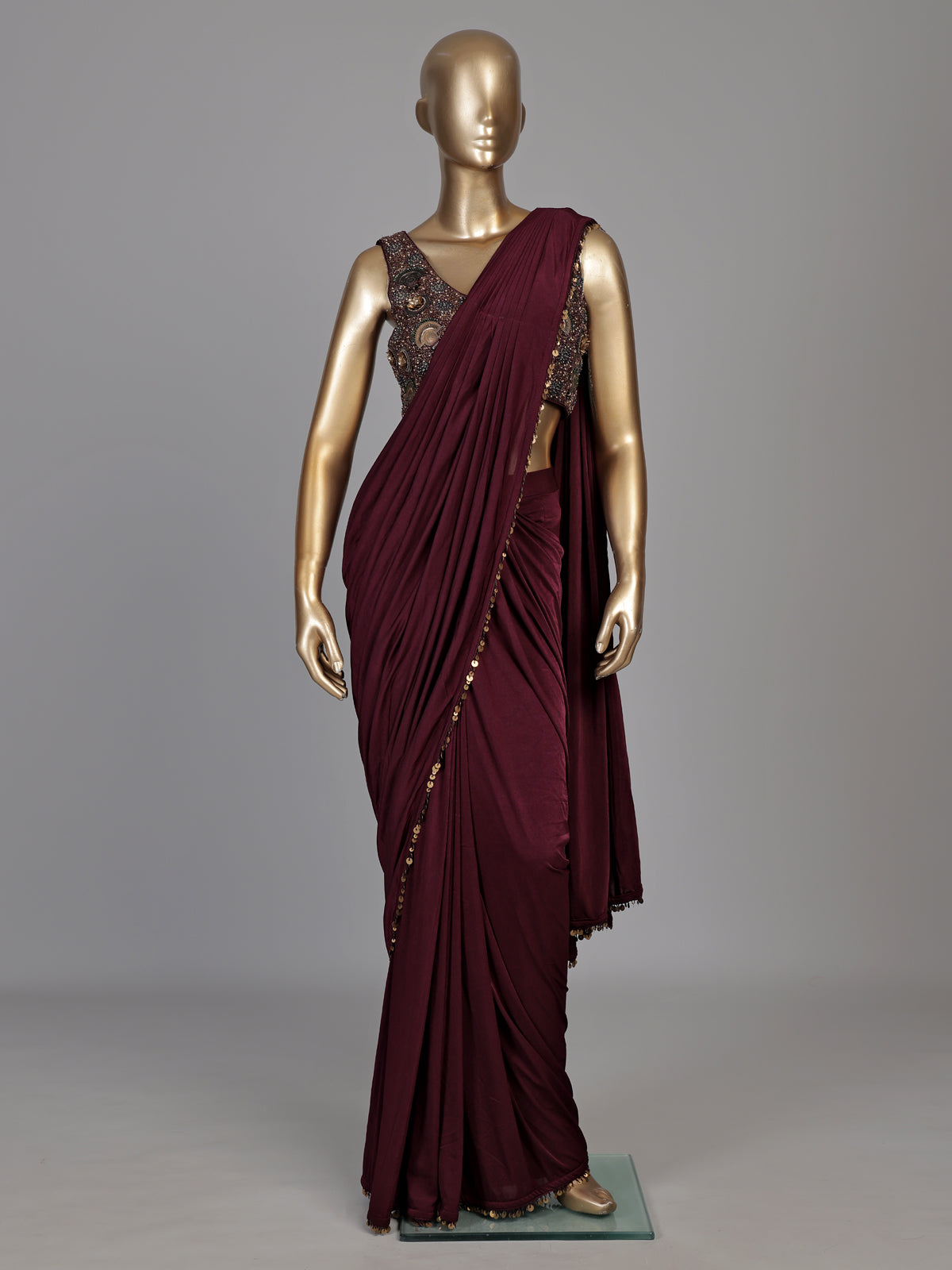 Wine metallic coin border designer women ready to wear saree