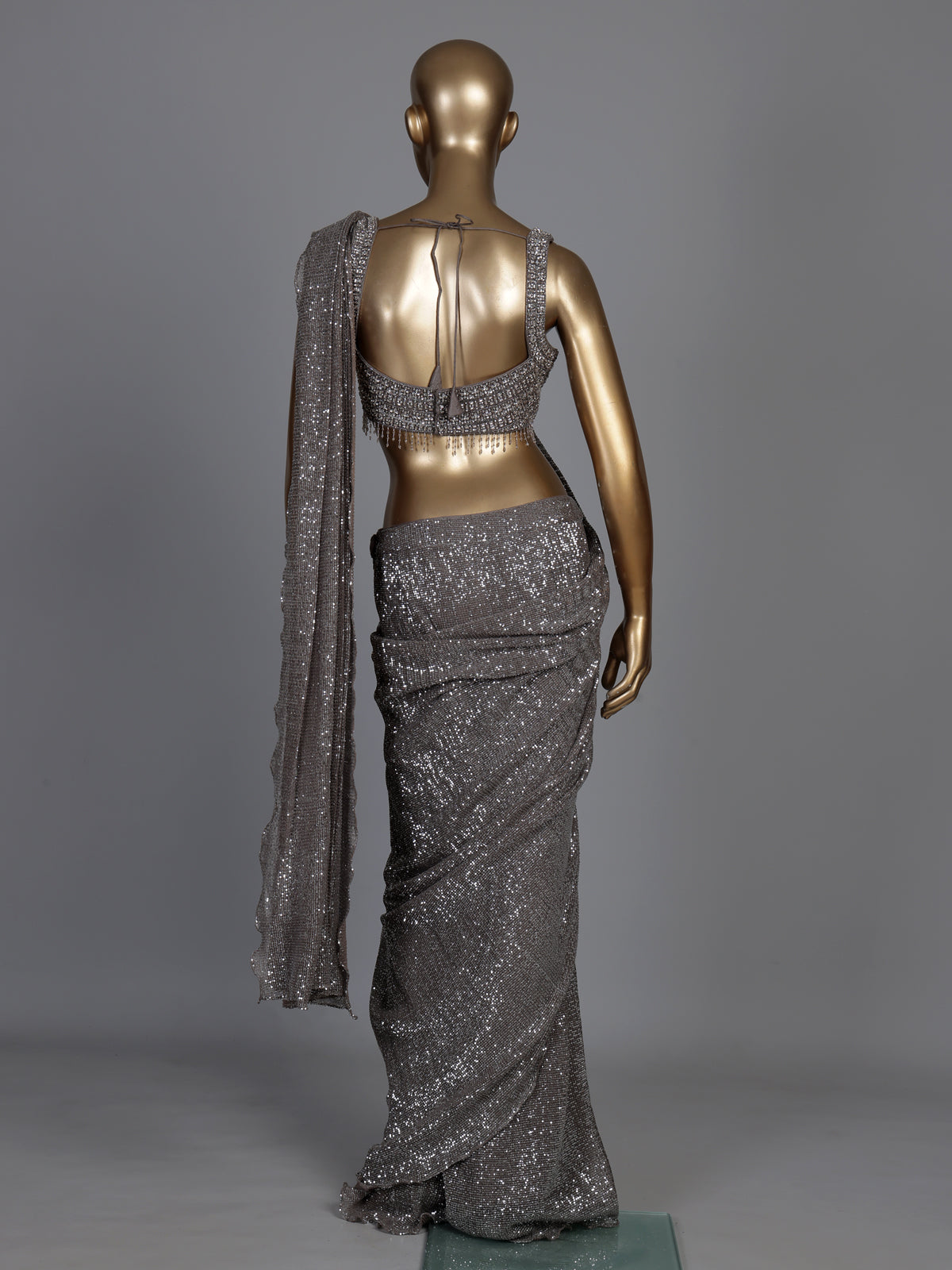 Grey sculpted drape designer women ready to wear saree