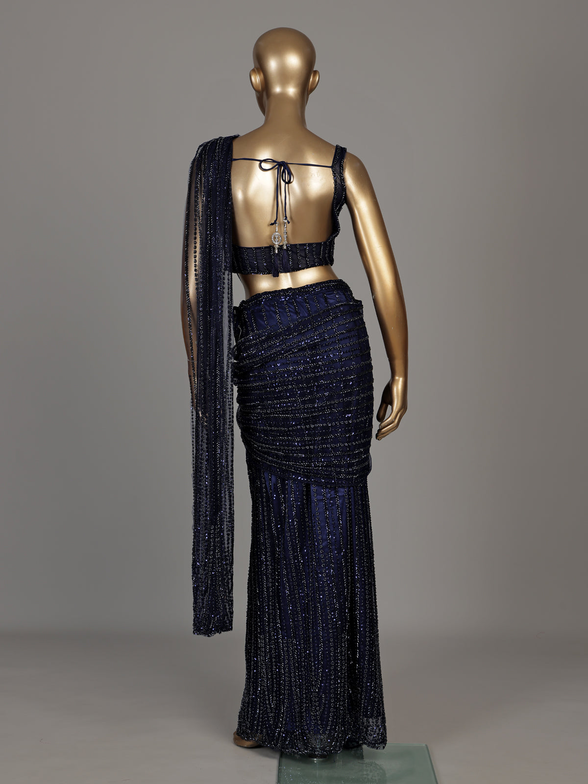 Blue crystal fringe designer women ready to wear saree