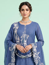 Denim blue paisley pearl women pant suit