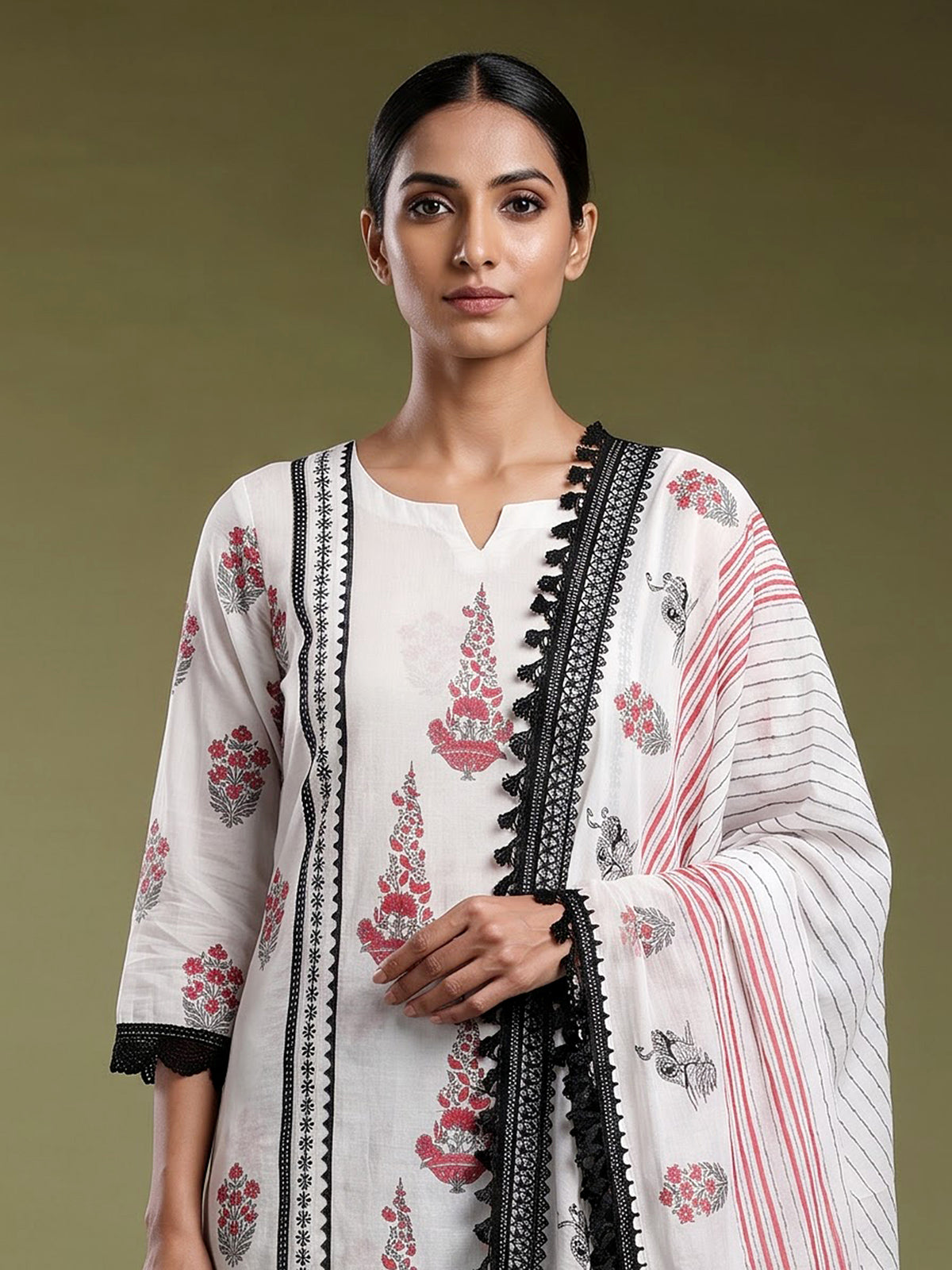 White vase motif leheriya women pant suit