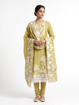 Mehendi yellow tropical palm women pant suit