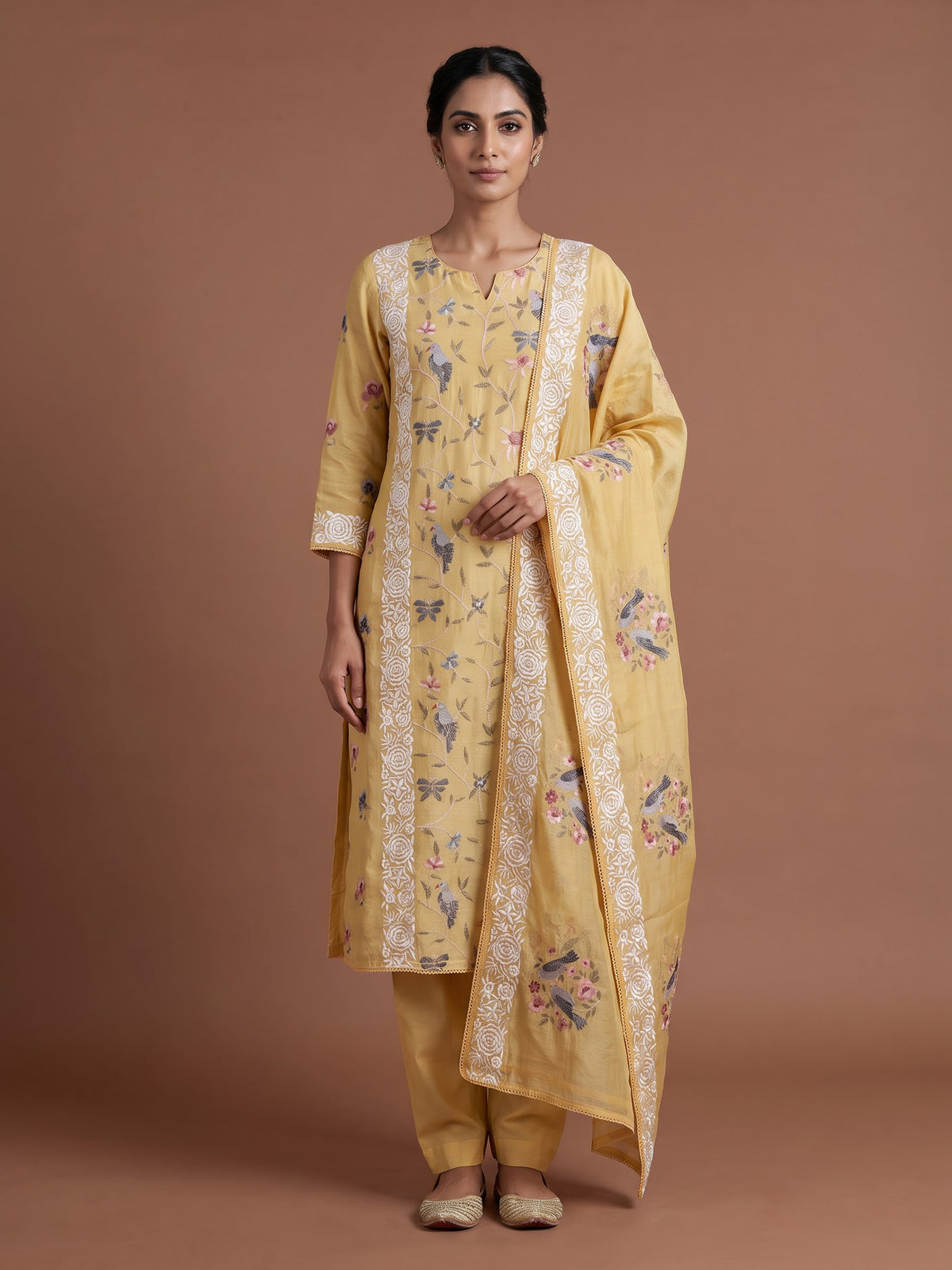 Yellow persian garden bird women pant suit