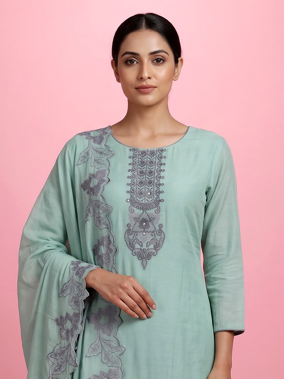 Sky blue diamond rosette women pant suit
