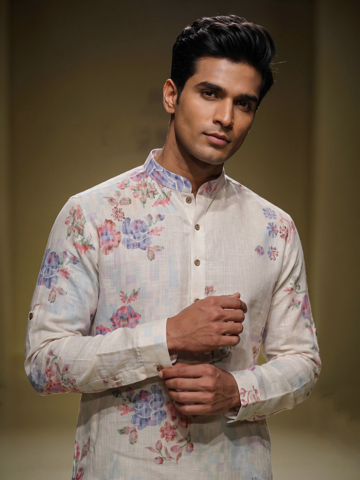 Off white floral printed linen kurta with mandarin collar