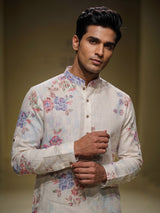Off white floral printed linen kurta with mandarin collar