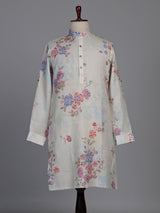 Off white floral printed linen kurta with mandarin collar